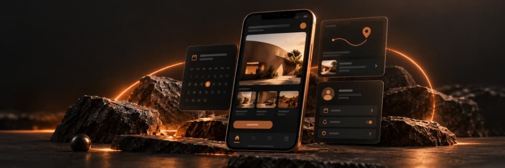 Mobile app on a smartphone with floating interface panels